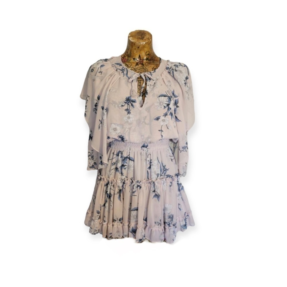 MISA Los Angeles dress pink floral long sleeve riffles XS spring summer